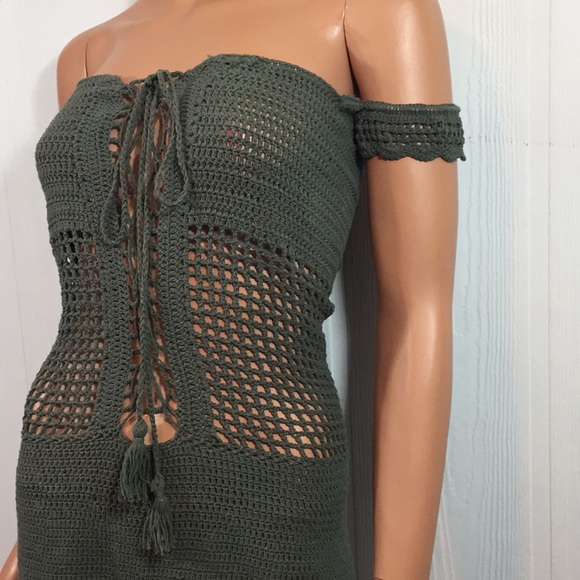 Khaki Green Boho Off Shoulder Dress Crochet - Picture 6 of 8